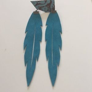 Turquoise suede leather long boho feather earrings